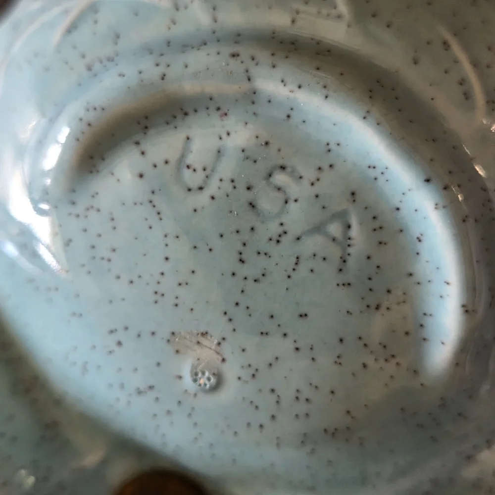 Vtg MCM California USA Pottery Divided Leaf Nut Dish Turquoise Aqua Gold Accents